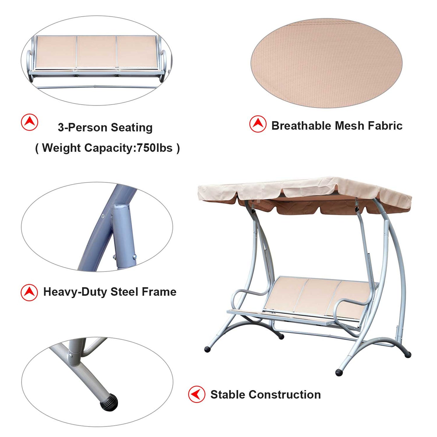 Outsunny 3 Seat Metal Swing Chair Hammock w/ Canopy Cover Heavy Duty Patio Garden Outdoor Beige