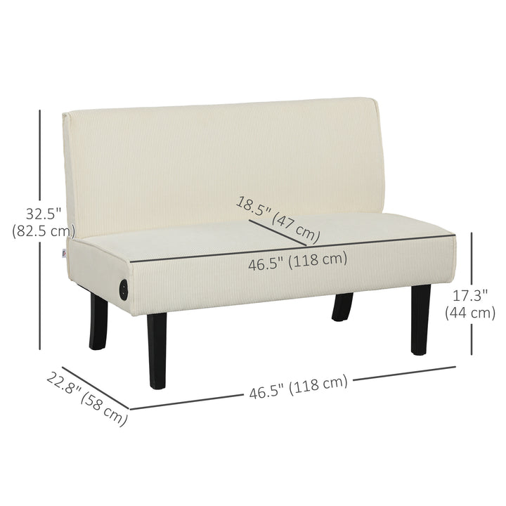 HOMCOM 46.5" Loveseat Couch with USB Ports, Corduroy Love Seat Sofa with Wood Legs for Living Room, Bedroom, Small Space, Grey