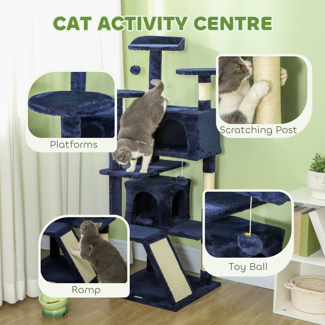 PawHut 54" Cat Tree, Multi-Level Cat Tower with Scratching Posts, Cat Condos, Bed, Platforms, Ramp, Toy Ball, Dark Blue