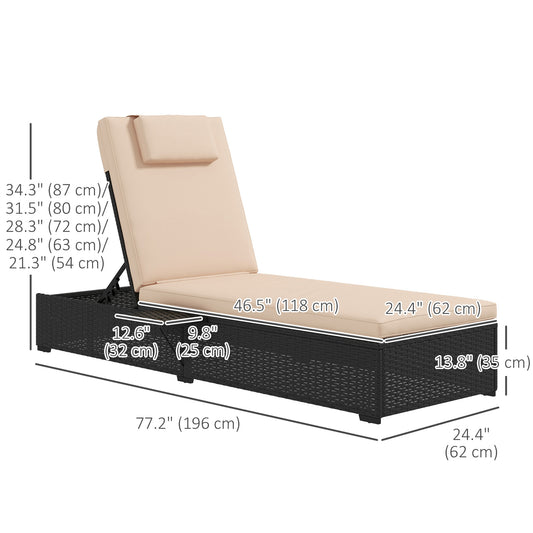 Outsunny Outdoor Patio Lounger with Cushion, 5-Level Reclining Wicker Chaise Lounge Chair with Tea Tray, for Poolside, Patio, Deck, 264lb Weight Capacity, Beige