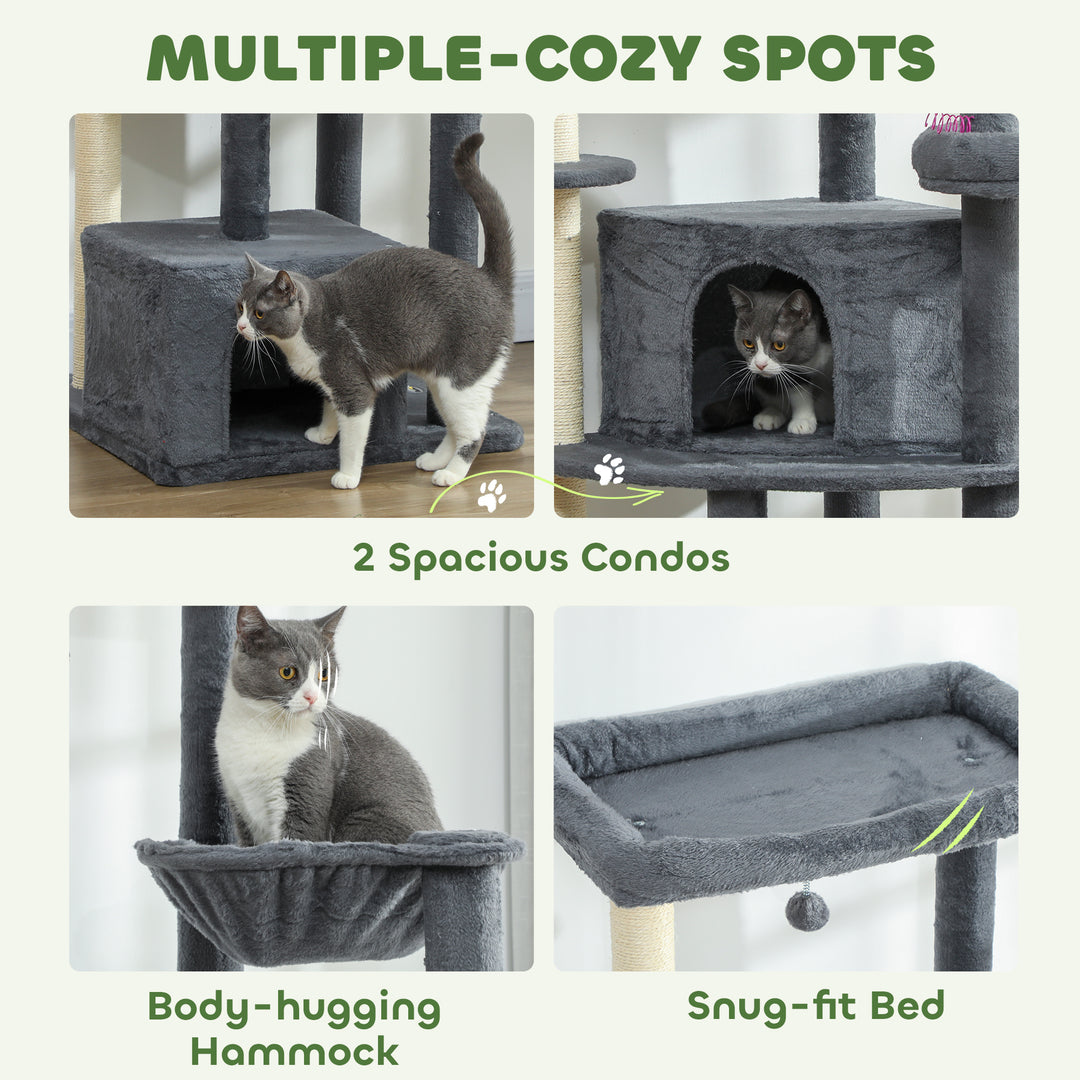 PawHut 79" Extra Tall Cat Tree with Scratching Posts, Perches, Caves, Hammock, Pompoms, for 2-3 Indoor Cats, Dark Grey