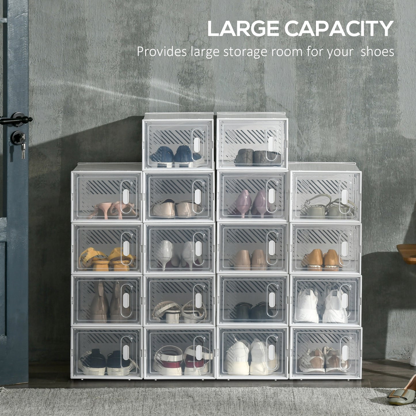 HOMCOM 18 Pack Shoe Storage Boxes, Space-saving Shoe Organizers, Clear Plastic Stackable Holders Containers with Front Opening