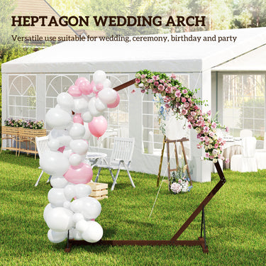 Outsunny 7FT Heptagon Wooden Wedding Arch with Triangular Base, Ground Stakes for Ceremony, Garden, Birthday, Brown
