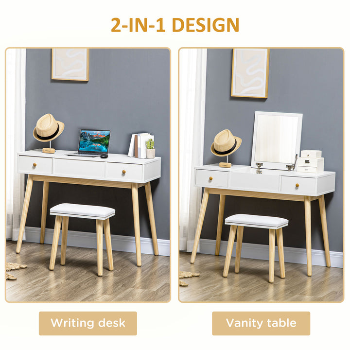 HOMCOM Makeup Vanity Desk with Flip Top Mirror and Cushioned Stool, Dressing Table Writing Desk with 2 Drawers and Storage Grids for Bedroom (White)