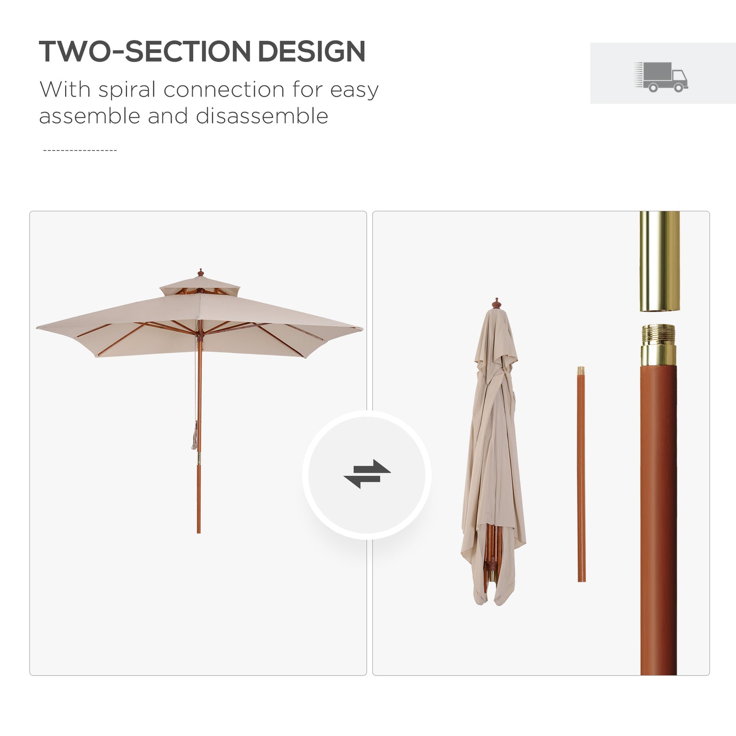 Outsunny 10x10ft Garden Market Parasol Wood Square Patio Umbrella Sunshade Canopy with 2 Pulley Pagoda Style Dark Grey