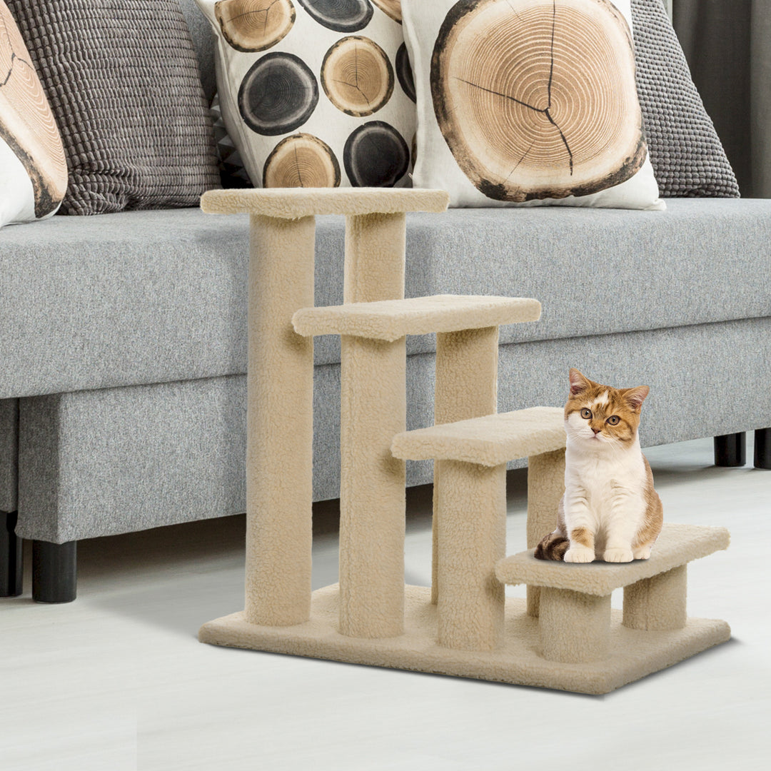 PawHut 23.5" 4 Tier Pet Stairs Dog Cat Step Scratch Post Furniture, Cream White