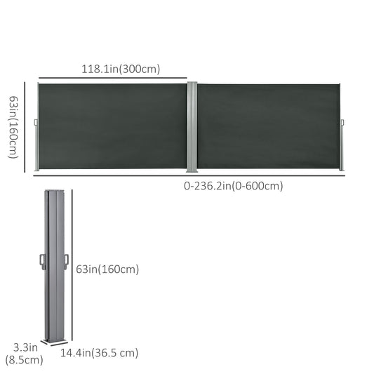 Outsunny Double Retractable Side Awning, 236" x 63" Outdoor Privacy Wall, Patio Screen for Garden, Balcony, Backyard, Grey