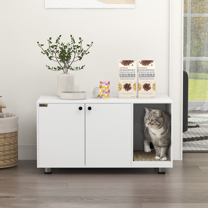 PawHut Litter Box Furniture Hidden Cat Washroom Furniture with Double Doors and Scratching Pad, Black