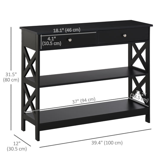 HOMCOM 39" Console Table, Narrow Entryway Table with Storage Shelves, Drawers and X Frame for Behind Couch, Living Room, Hallway, Black