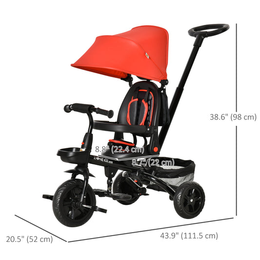 Qaba Tricycle for Toddler 4 in 1 Kids Trike with Reversible Adjustable Seat, Baby Push Bike with Removable Handle, Canopy, Belt Storage Brake Clutch for 1-5 Years, Red