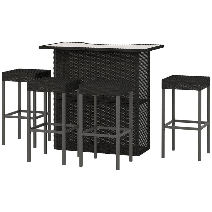 Outsunny 5 Pieces Patio Bar Set, Outdoor PE Rattan Wicker High Top Outdoor Table and Chairs Outdoor Bar Set with Tempered Glass Top Bar Table and Shelves, 4 Bar Chairs, Dark Brown