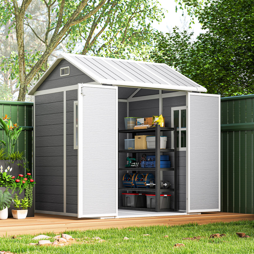 Outsunny 6' x 6' Resin Outdoor Storage Shed with Floor, Window, Lockable Doors and Vents for Backyard Patio Lawn, Grey