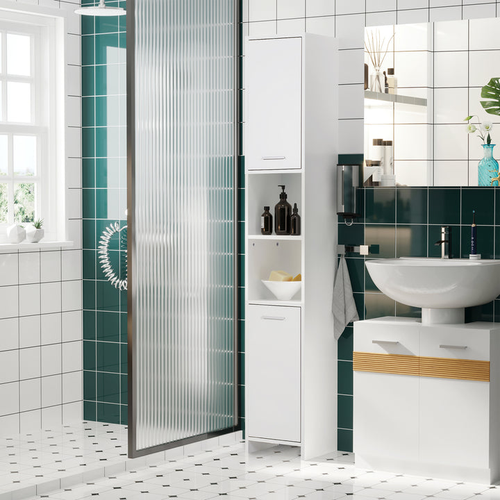 HOMCOM Tall Bathroom Vanities, Narrow Bathroom Cabinets with 2 Doors, Open Compartment and Adjustable Shelves, White