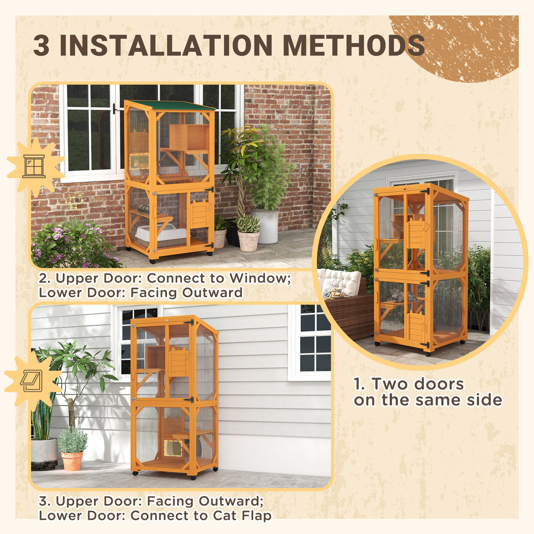 PawHut Catio Outdoor, Elevated Design, with Wheels, Resting Box, Water-Resistant, Multi Platforms, Orange