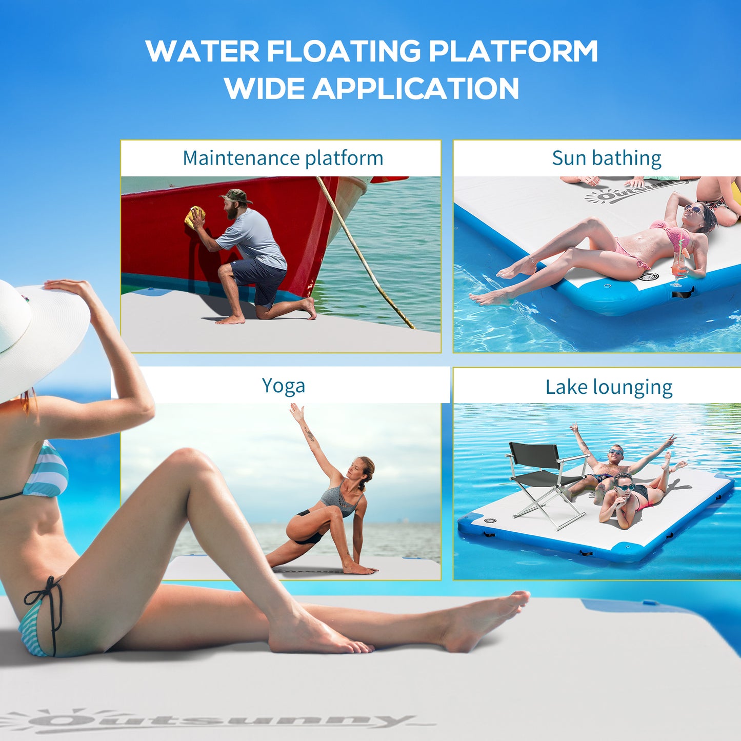 Outsunny 8' x 6' Water Floating Dock, Rafting Inflatable Island with Air Pump and Backpack for Pool, Beach, Ocean, Blue & Green
