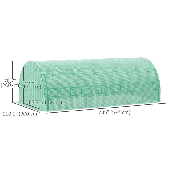 Outsunny Large Walk-in Greenhouse, 20'x10'x6.6' Tunnel Greenhouse with Zippered Door and 12 Roll-up Windows, Outdoor Green House for Garden Plant, Green