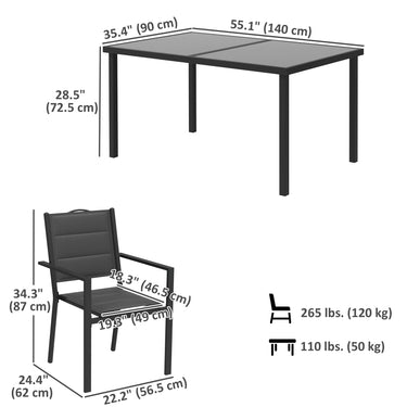 Outsunny 5 Piece Outdoor Dining Set w/ 4 Stackable Chairs, Rectangle Table, Tempered Glass Top, Steel Frame, Black