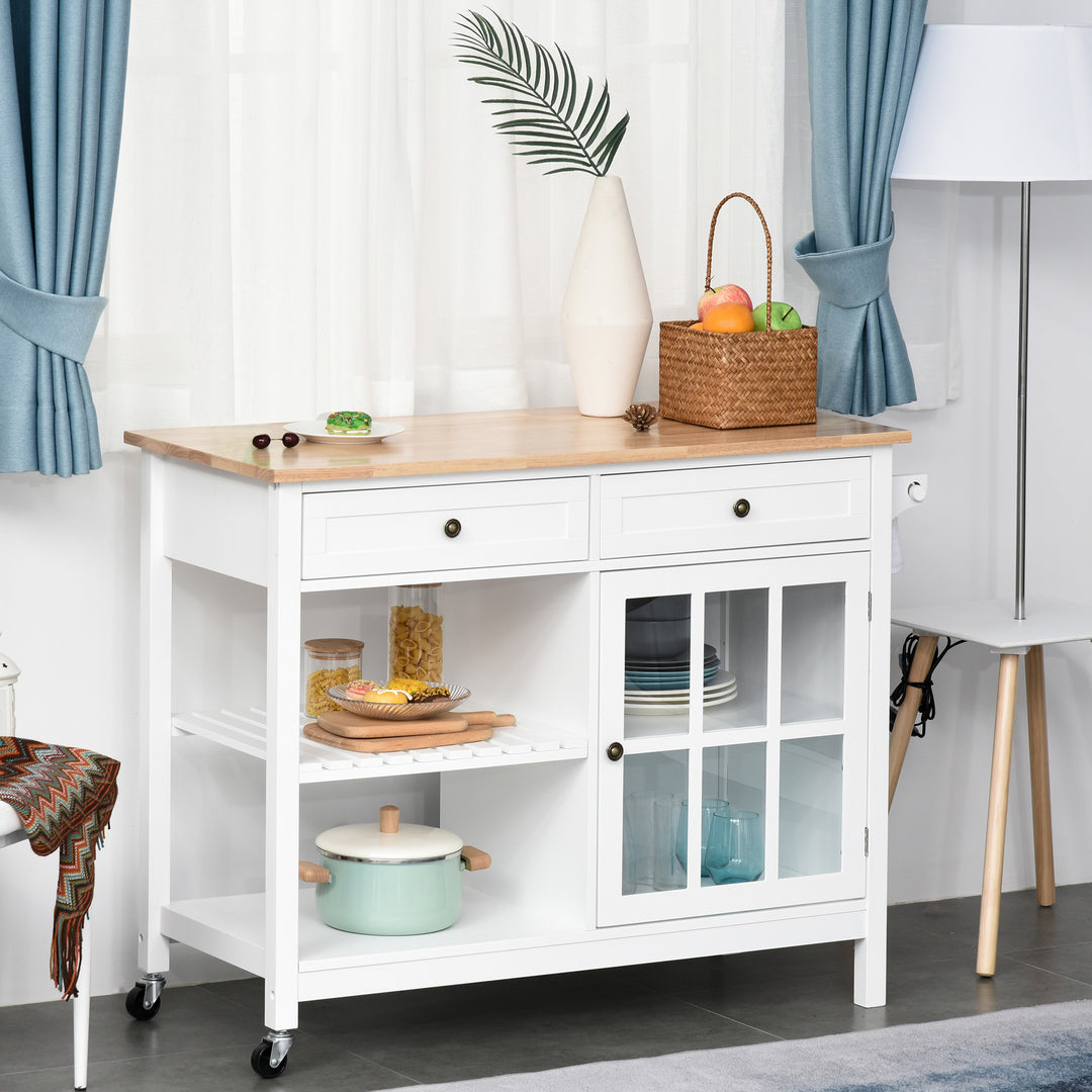 HOMCOM Kitchen Cart on Wheels, Utility Storage Island with Rubber Wood Top, Towel Rack, Cabinets, Drawers, White