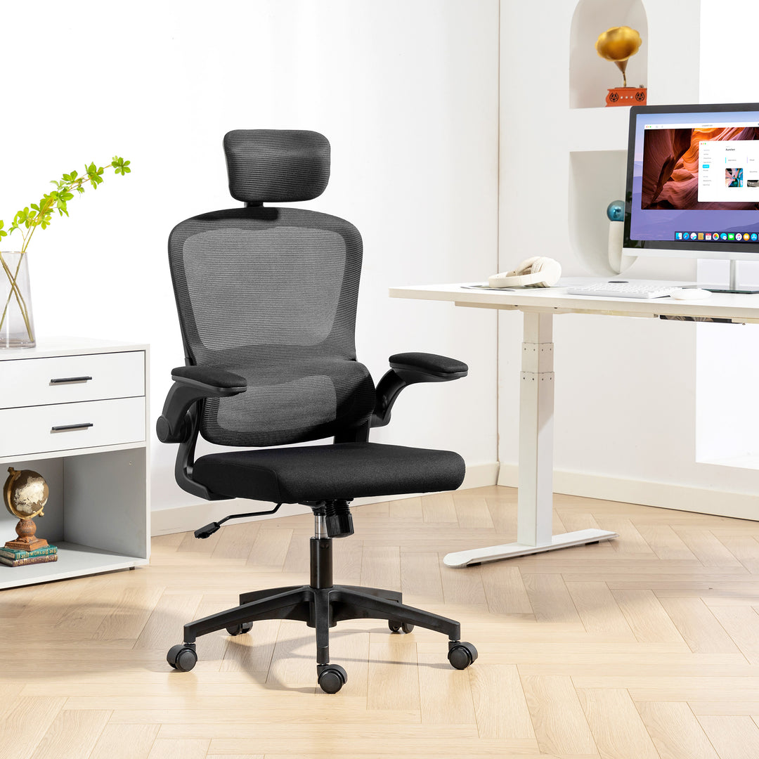 HOMCOM Ergonomic Mesh Office Chair, High Back Desk Chair with Rotatable Headrest, Flip-Up Armrests, Lumbar Support, Grey