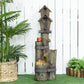 Outsunny Outdoor Fountain, Garden Waterfall with Birdhouse, 3-Tier Tree Trunk Design, LED Lights for Porch, Deck, Yard, Brown