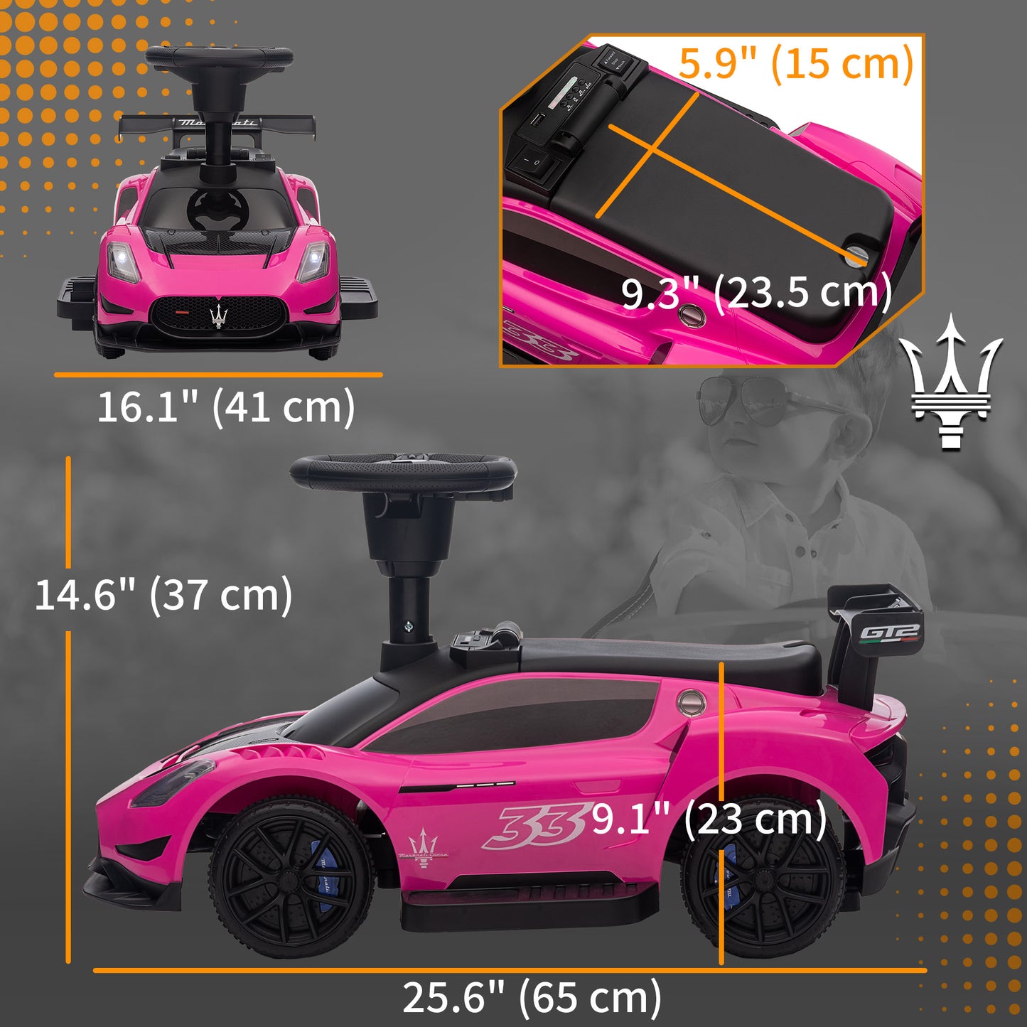 Qaba 6V Maserati GT2 Licensed Electric Car for Kids, Ride on Car with Under Seat Storage, LED Headlights Music, Pink