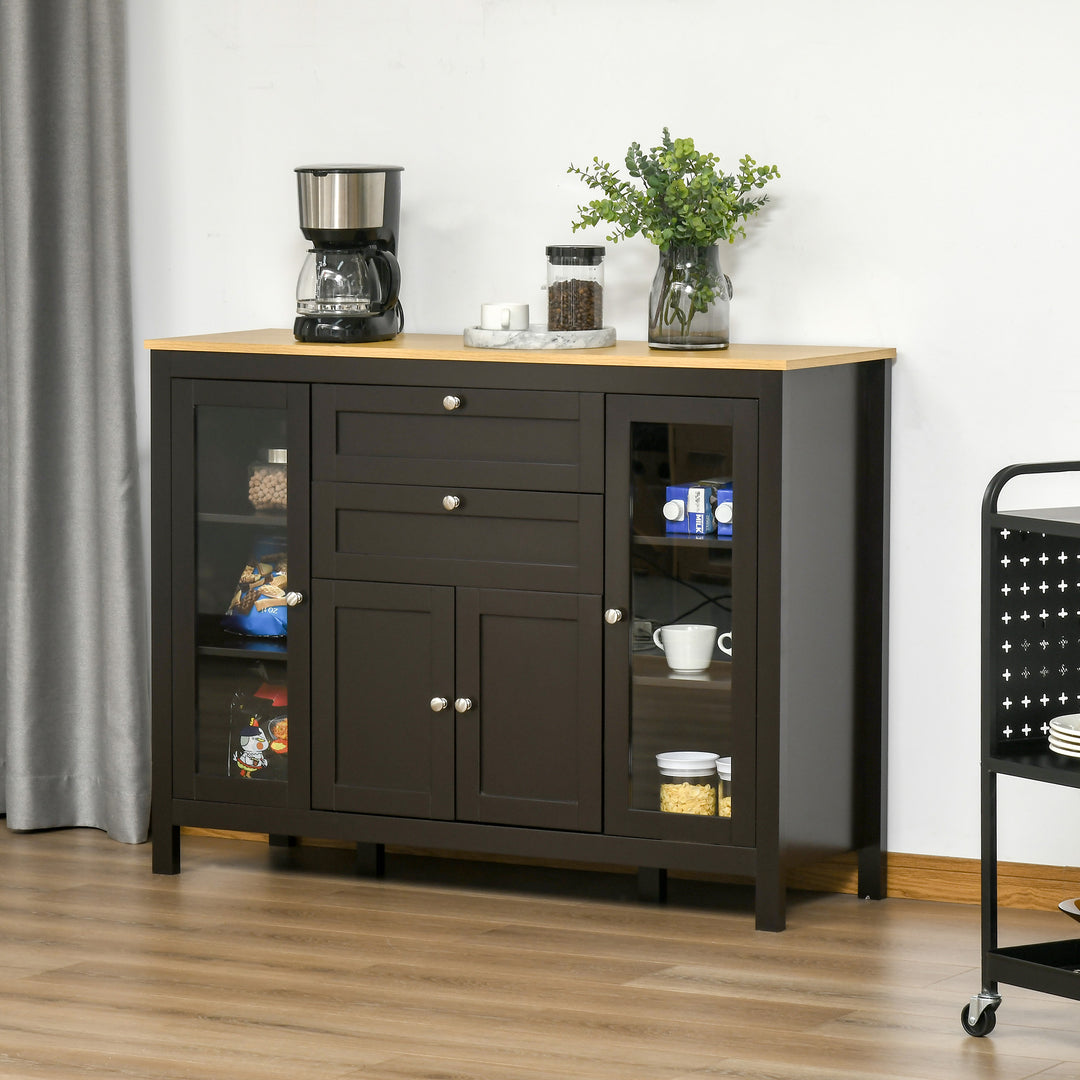 HOMCOM Buffet Cabinet Sideboard with 2 Drawers, 3 Storage Cabinets, Glass Doors and Adjustable Shelves, Dark Brown