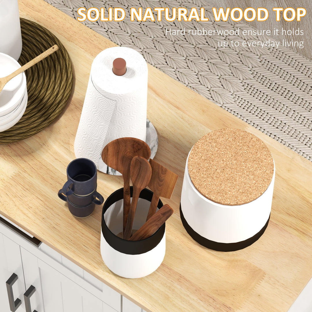 HOMCOM Modern Rolling Kitchen Island Cart with Drawers, Natural Wood Top, Towel Rack, Door Storage Cabinet, White