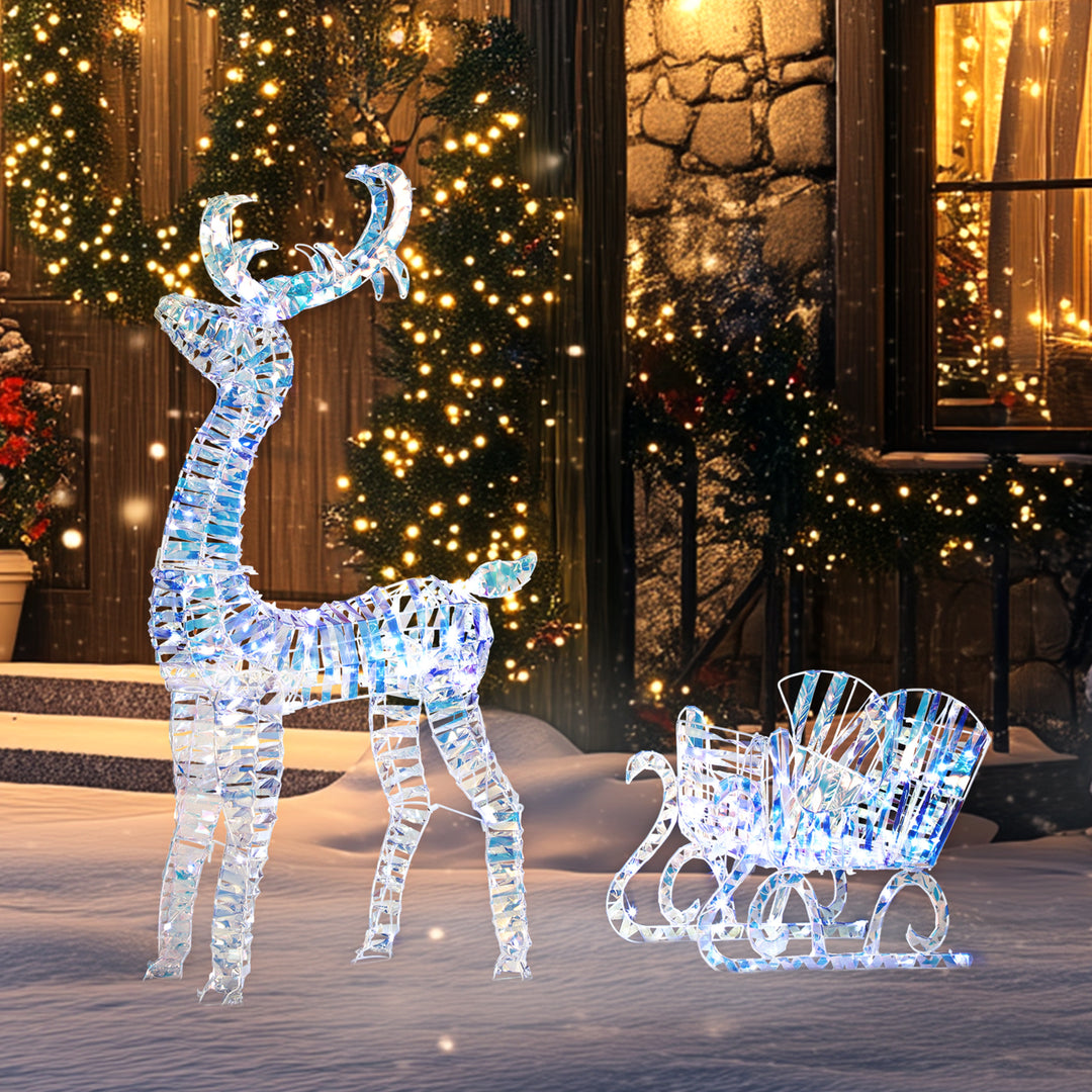 Outsunny Lighted Christmas Reindeer with Sleigh, Outdoor Reindeer with 170 LED Lights and Stakes, Holiday Decor, Silver