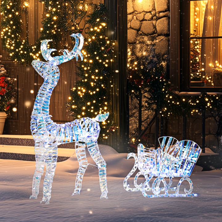 Outsunny Lighted Christmas Reindeer with Sleigh, Outdoor Reindeer with 170 LED Lights and Stakes, Holiday Decor, Silver