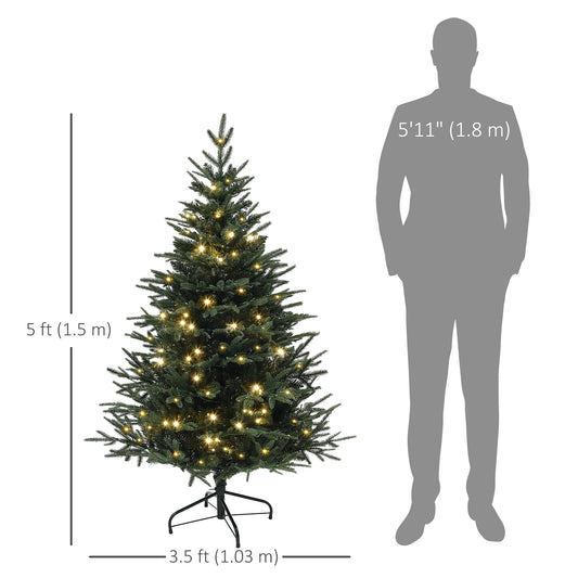HOMCOM 5ft Prelit Artificial Christmas Tree with 542 Tips, Warm White LED Lights, Steel Base, Hinged Xmas Tree, Auto Open