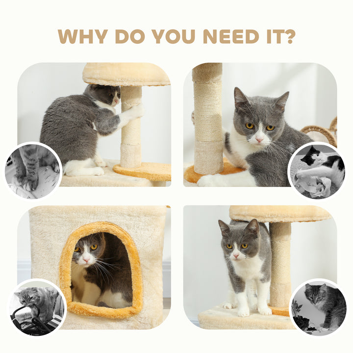 PawHut 28" Cat Tree Tower with Plush Top Bed, Cozy Condo, Sisal Scratching Post, Perch, Dangling Ball, Light Grey