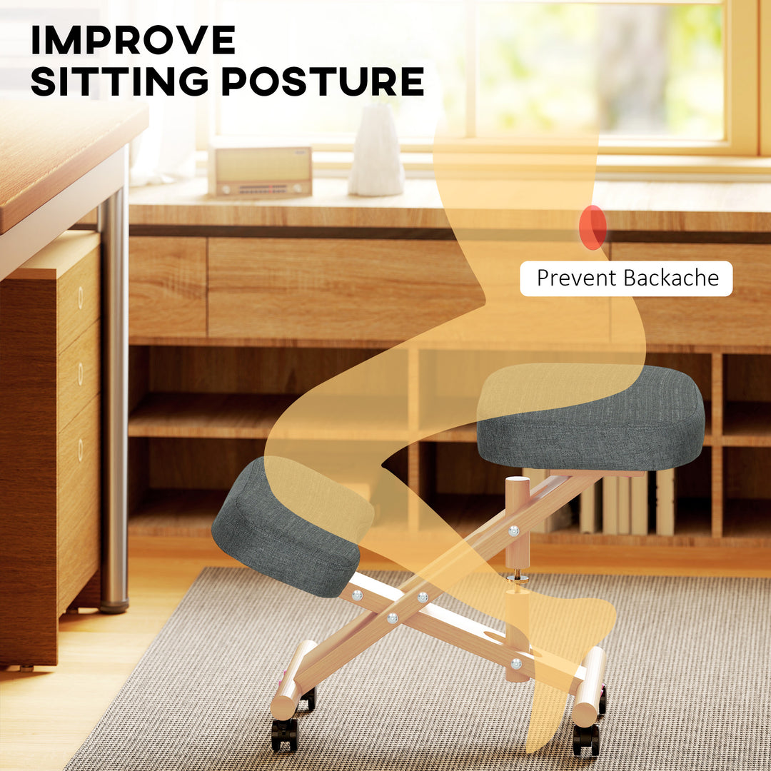 HOMCOM Ergonomic Kneeling Chair, Posture Chair with Rubberwood Frame, Wheels for Home Office, Posture Correction, Cream White