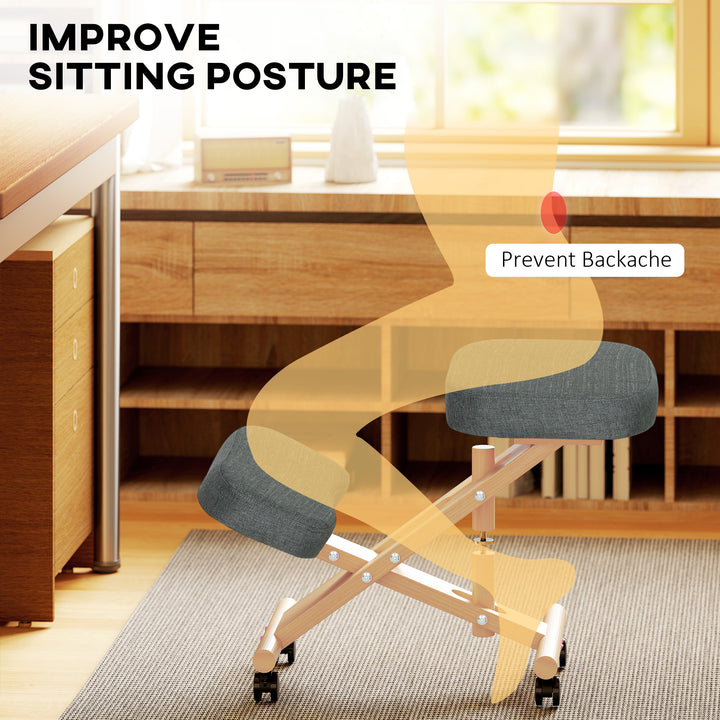 HOMCOM Ergonomic Kneeling Chair, Posture Chair with Rubberwood Frame, Wheels for Home Office, Posture Correction, Cream White