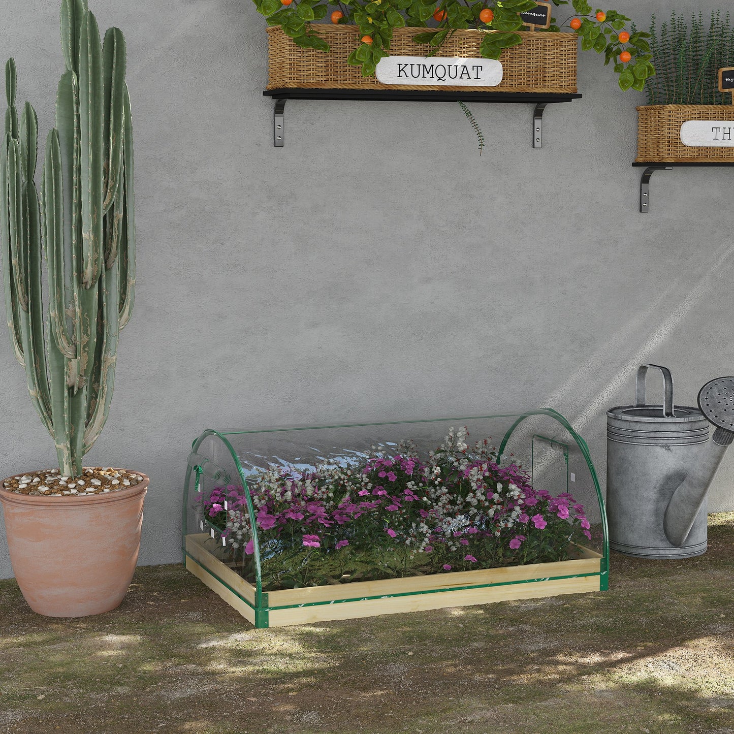 Outsunny 12 Pockets Raised Garden Bed with Greenhouse and Roll Up Windows for Vegetables, Flowers, 4' x 3' x 2', Natural Wood