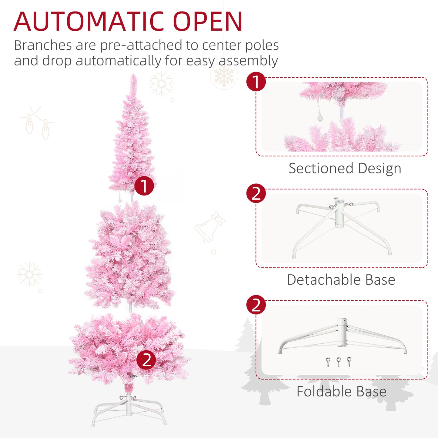 HOMCOM 6 Foot Prelit Snow Flocked Artificial Christmas Tree with Pencil Shape, 500 Pine Realistic Branches, Warm White LED lights, Auto Open, Pink and White