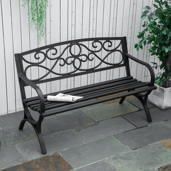 Outsunny 50" 2-Seater Outdoor Garden Bench Antique Loveseat with Armrest for Yard, Lawn, Porch, Patio, Steel/ Black