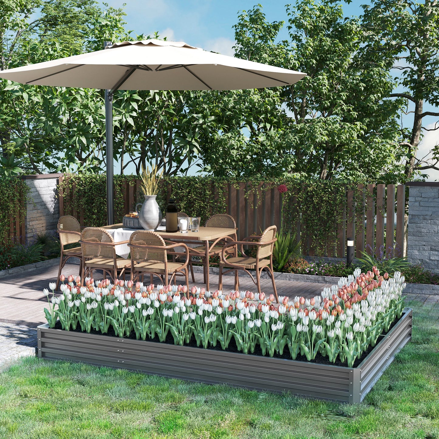 Outsunny L-Shaped Raised Garden Bed, 82" x 109" x 12" Galvanized Steel Planter Box with Multi-reinforced Rods for Vegetables, Flowers and Herbs, Dark Grey