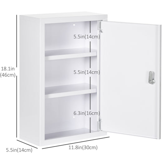 kleankin Lockable Medicine Cabinet, 3 Tier Steel Medical Wall Box with 2 Keys and Shelves for Bathroom, White