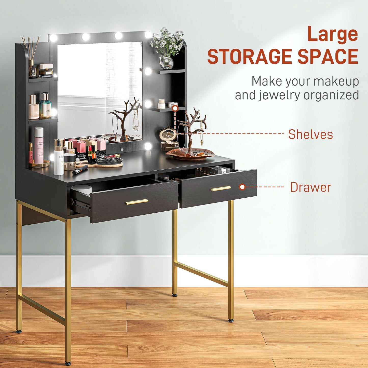 HOMCOM Makeup Vanity Desk Set with Lighted Mirror, Stool, Drawers, Shelves, 2 Lighting Modes, Dressing Table, Black