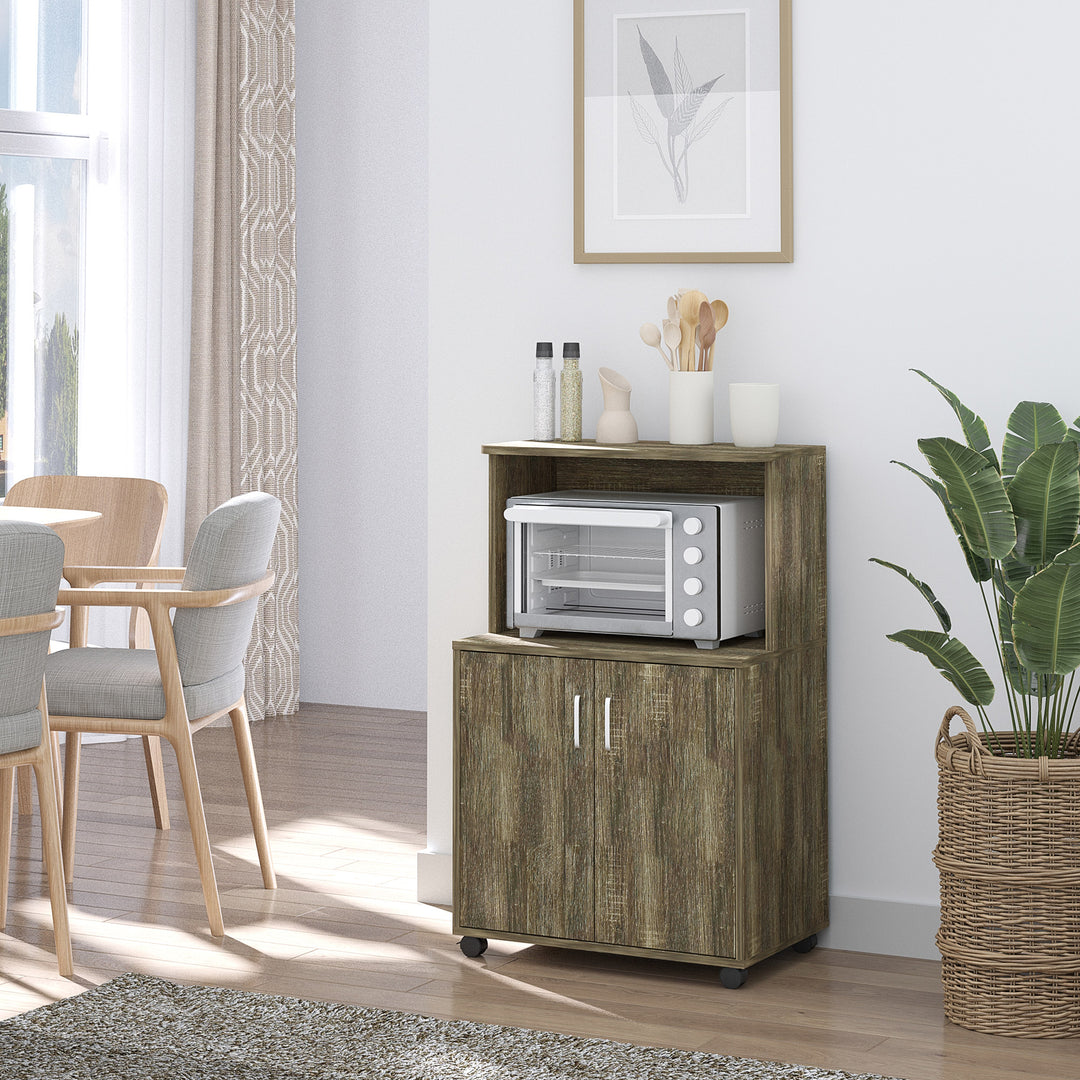 HOMCOM Microwave Cart on Wheels Utility Trolley Storage Sideboard Bookcase with 2-door Cabinet, White Oak