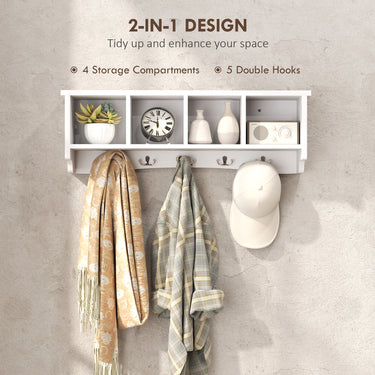 HOMCOM Coat Rack Wall Mount with Shelf, 28" Wall Coat Rack with 5 Hooks and 4 Compartments for Living Room, Entryway, White