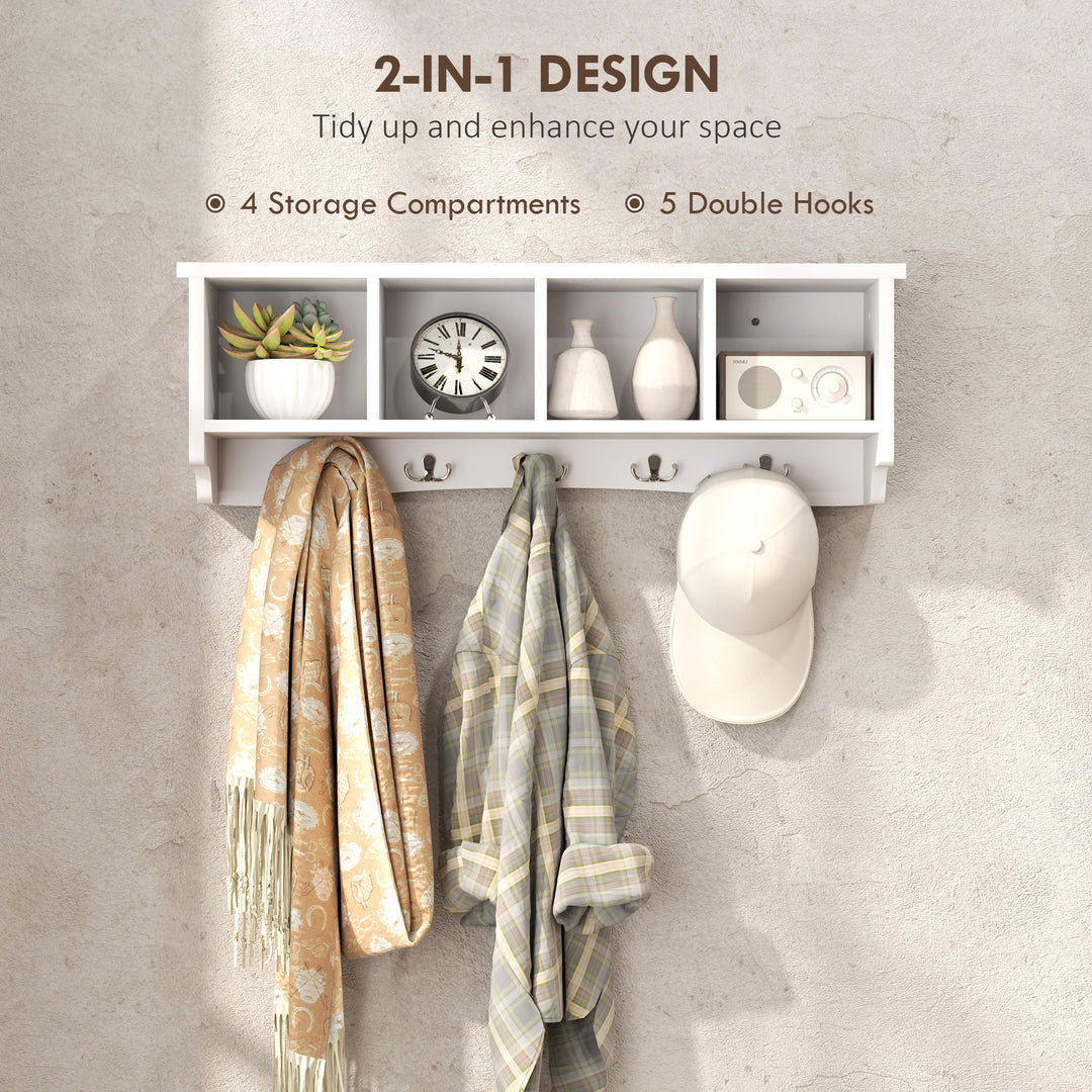 HOMCOM Coat Rack Wall Mount with Shelf, 28" Wall Coat Rack with 5 Hooks and 4 Compartments for Living Room, Entryway, White