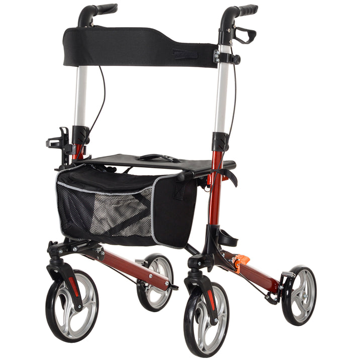 HOMCOM Lightweight Folding Rolling Walker with Large Seat, Back, Adjustable Handle, Bag, Dual Brake, Cane Holder, Red