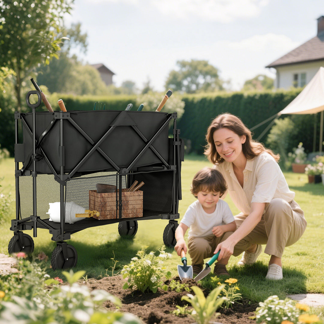 Outsunny Double Decker Folding Wagon Cart, 450LBS & 350L Capacity Collapsible Garden Cart for Camping Sports Shopping and Beach