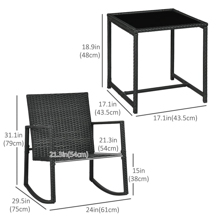 Outsunny 3 Pieces Rocking Bistro Set, Outdoor Wicker Patio Furniture with Glass Coffee Table and Outside Rocking Chairs for Porch, Conversation Sets with Thick Cushions, Blue