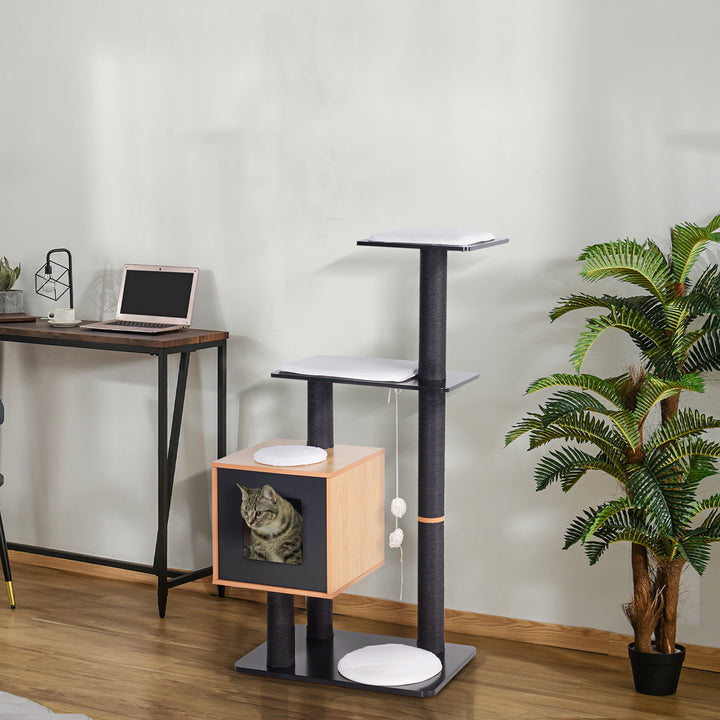 PawHut 47" Wood Cat Tree, Kitty Scratching Post, Kitten House, Condo Activity Center w/ Cushions, Pet Furniture