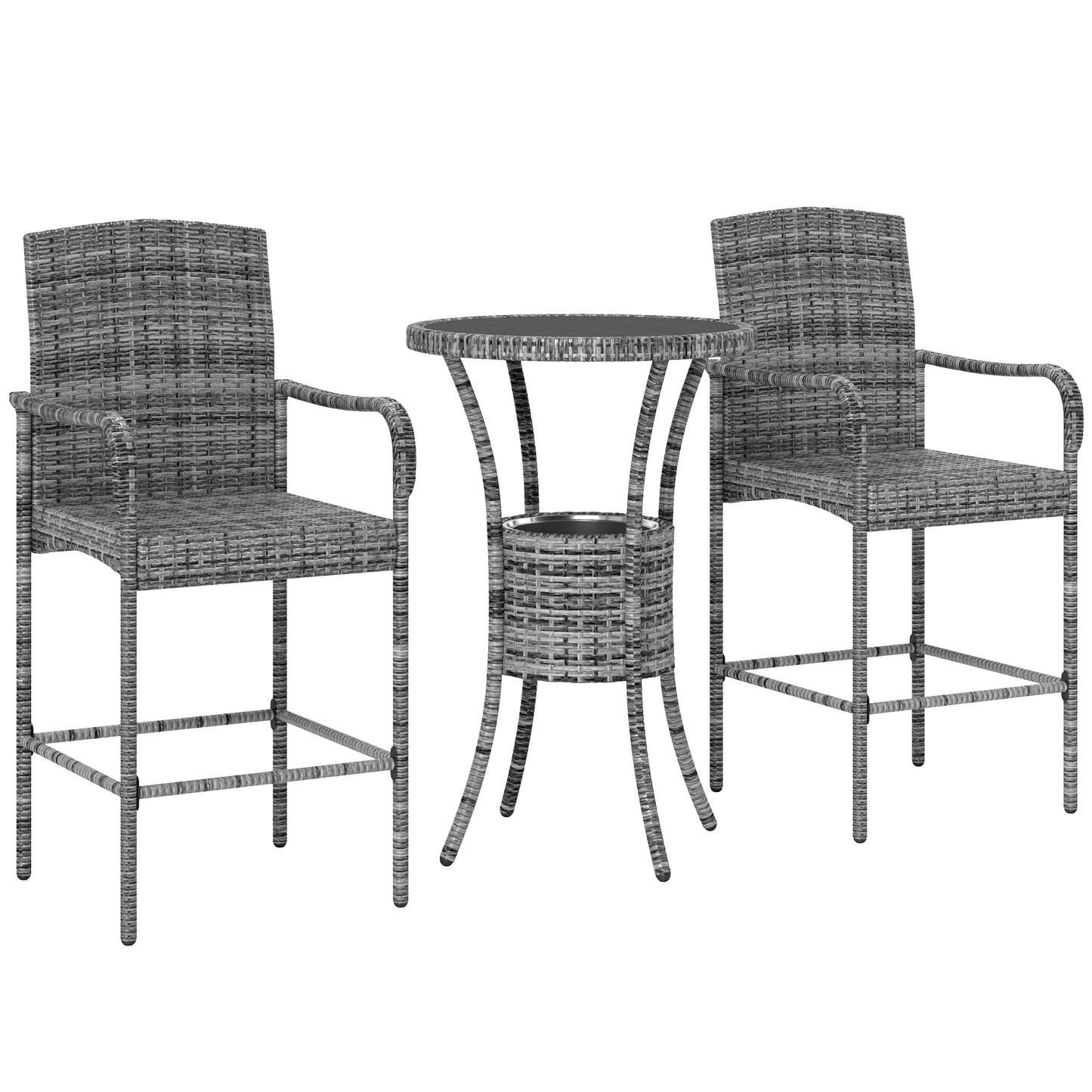 Outsunny 3 Pieces Patio Bar Set, Rattan Bistro Table and Chairs, Outdoor Conversation Furniture Set with Ice Bucket, Dark Brown