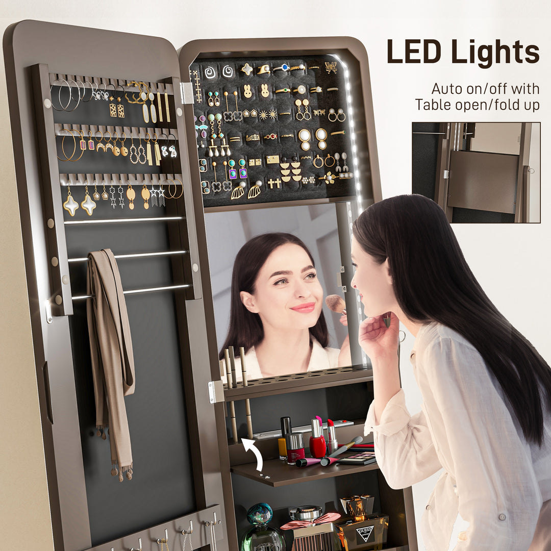 HOMCOM Freestanding Mirror Jewelry Cabinet Armoire, LED Lighted Jewelry Organizer with Stand, Angle Adjustable, White