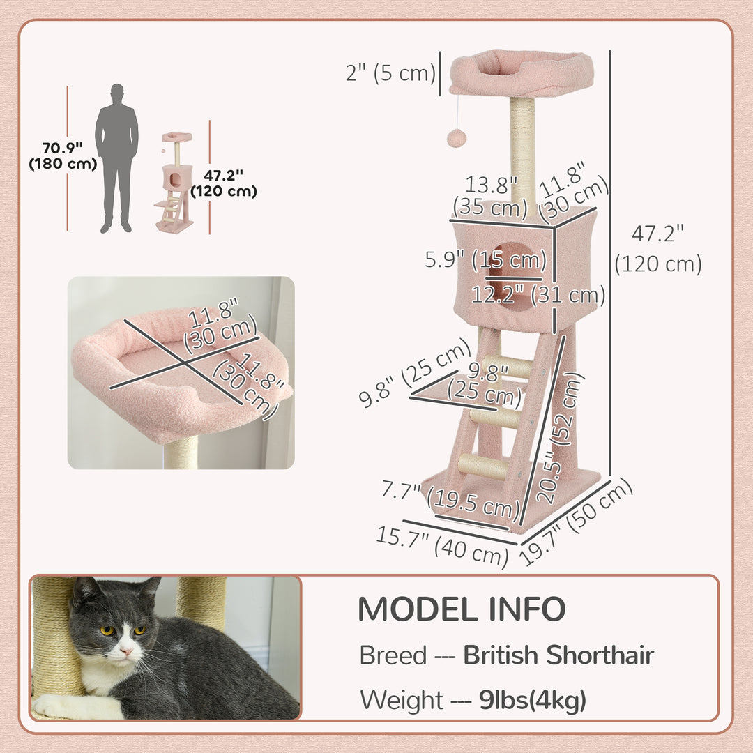 PawHut 47" Tall Cat Tree Tower with Condo, Ladder, Scratching Posts and Hanging Ball, Light Grey