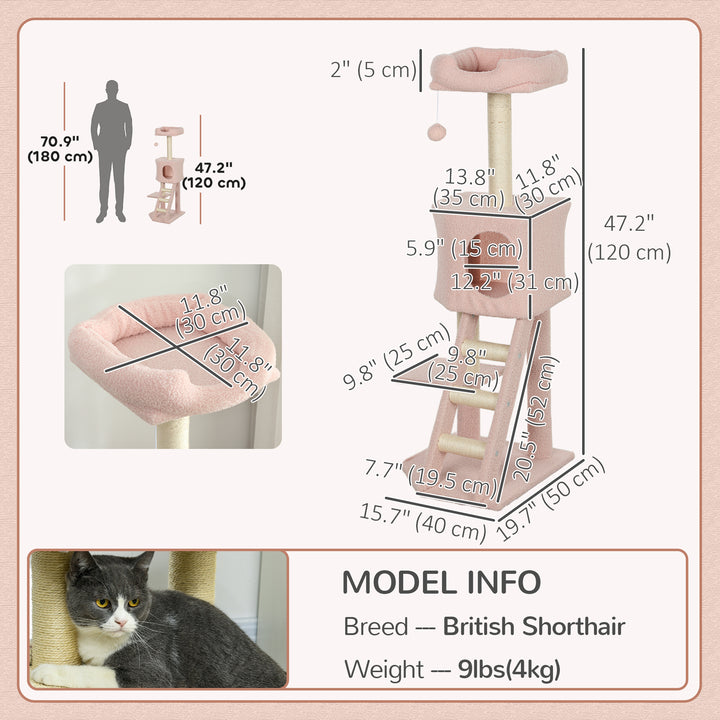 PawHut 47" Tall Cat Tree Tower with Condo, Ladder, Scratching Posts and Hanging Ball, Light Grey